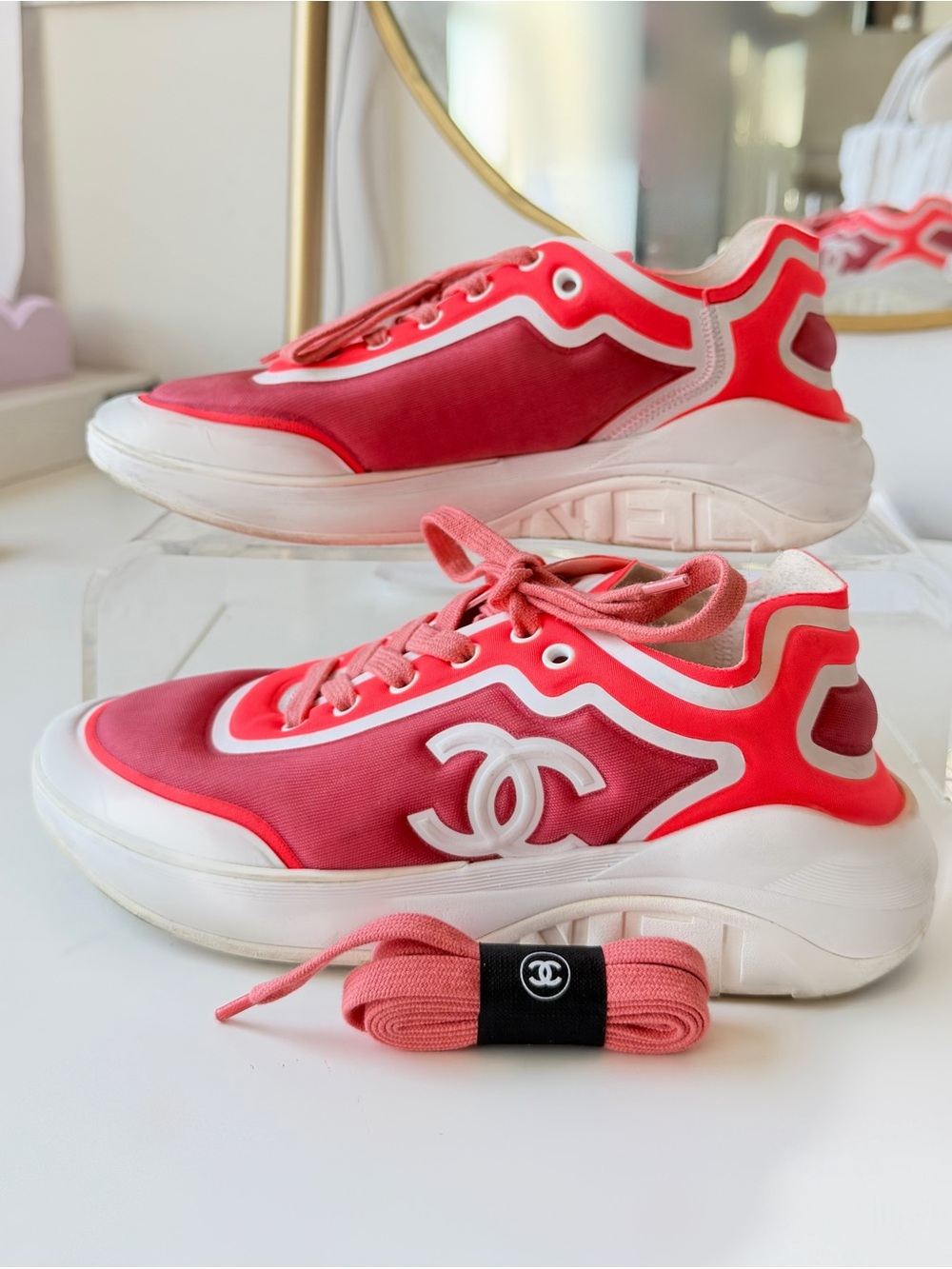 Authentic CHANEL Coral Pink and White CC Logo Runner Sneakers sz 7.5 (38.5)